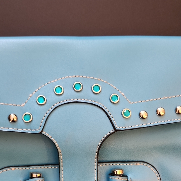 Chic Blue Leather Studded Shoulder Bag